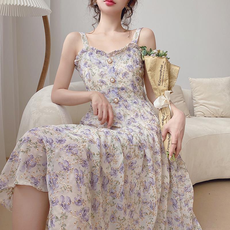 Kukombo Korean Style Retro Elegant Sling Maxi Dress Vintage Floral Print Sleeveless Backless Casual Fairy Dresses Feminine Vestidos