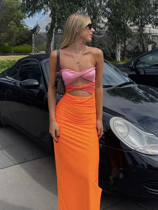 vmtvr Elegant Sexy Off Shoulder Sleeveless Wrap Maxi Dress for Women Fashion Holiday Twist Cut Out Dress Gown Clothes