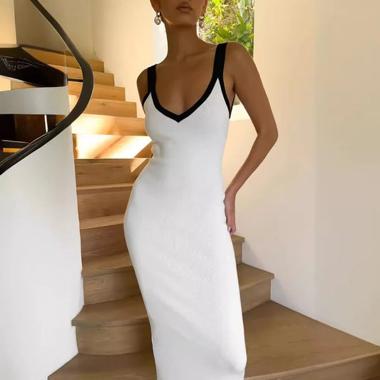 vmtvr  -  White Knitted Long Dress Summer Women Elegant Strap Slim Beach Dresses Holiday Outfits Fashion Patchwork Back Split Party Dress