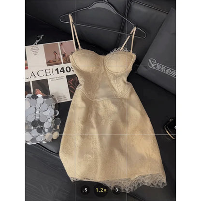 vmtvr  -  French Fashionable Lace Strap Dress for Women's Summer New Style Temperament Waist Wrap Heavy Work Bra Dresses Female Clothing