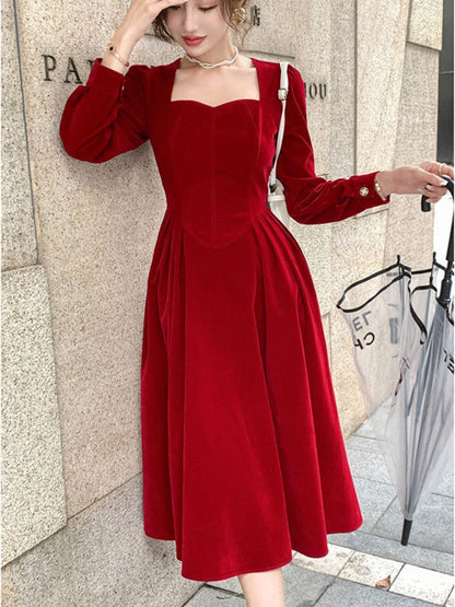 vmtvr - France Vintage Dress Women Autumn Winter Solid Retro Elegant Evening Party Midi Dress Long Slevee Korean Style Dress Fairy