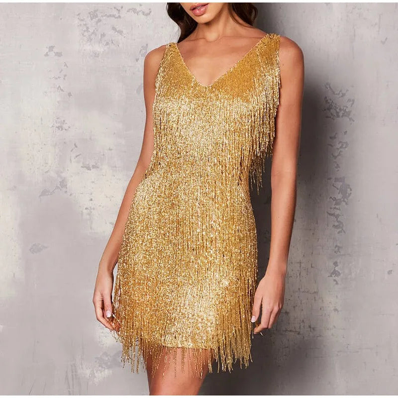 - New Sexy Tassel Sequins Feather Mini Dress Women Spaghetti Strap Stitching Dresses Female Elegant Evening Party Club Dress