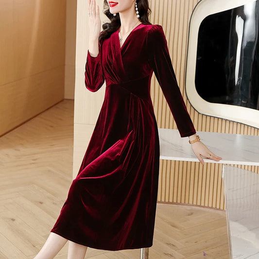 vmtvr  -  Red Velvet V-Neck Casual Loose Long Dress Autumn Winter Korean Vintage  Prom Dresses Women Elegant Luxury Vestidos