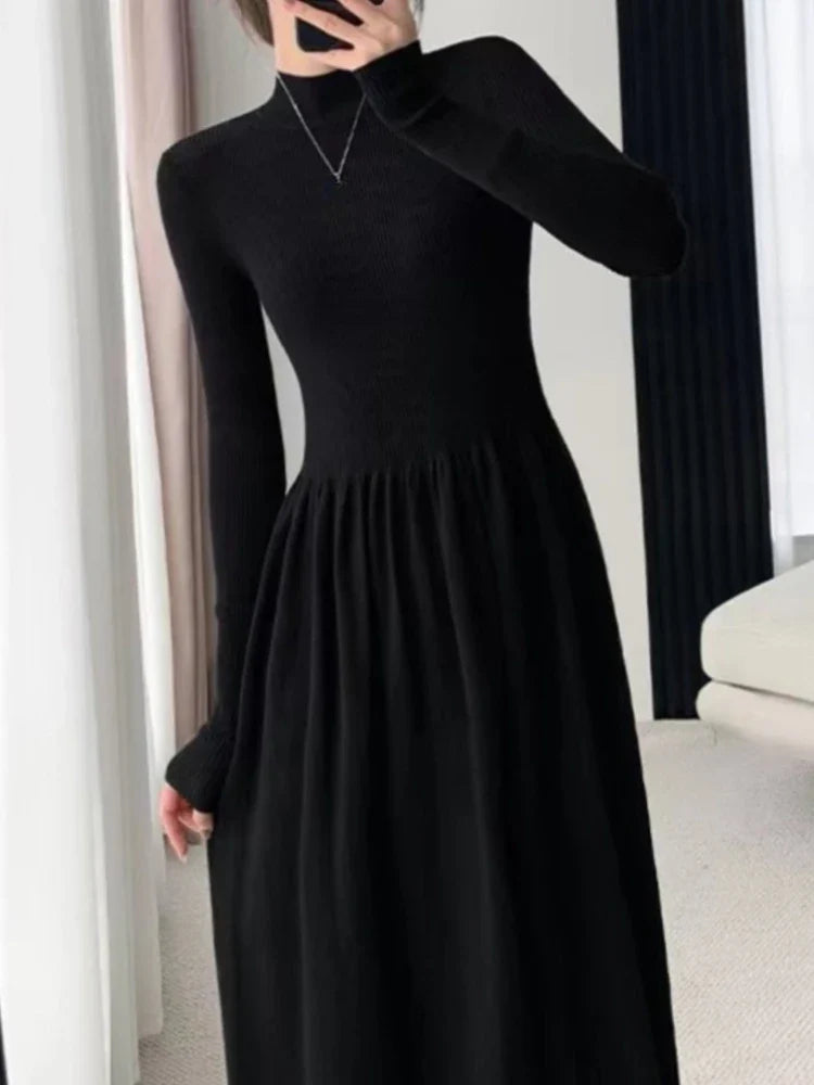 vmtvr New Fashion Solid Elegant Knitted Sweater Dress Women Vintage A-Line Ribbed Casual Party Black Vestidos Female Autumn Clothes