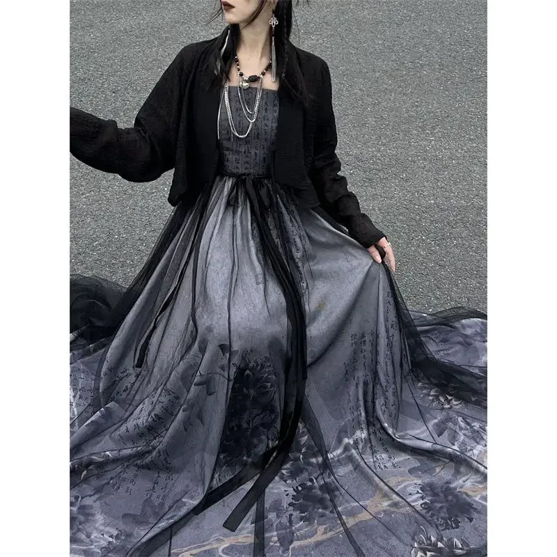 Summer Improved Chinese Traditional Black Printed Hanfu Dress Two Piece Set Women Gothic Modern Halloween Cosplay Costume