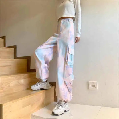 vmtvr Women Harajuku Tie Dye Cargo Pants Spring Summer New Korean Fashion Streetwear High Waist Loose Versatile Sports Casual Trousers