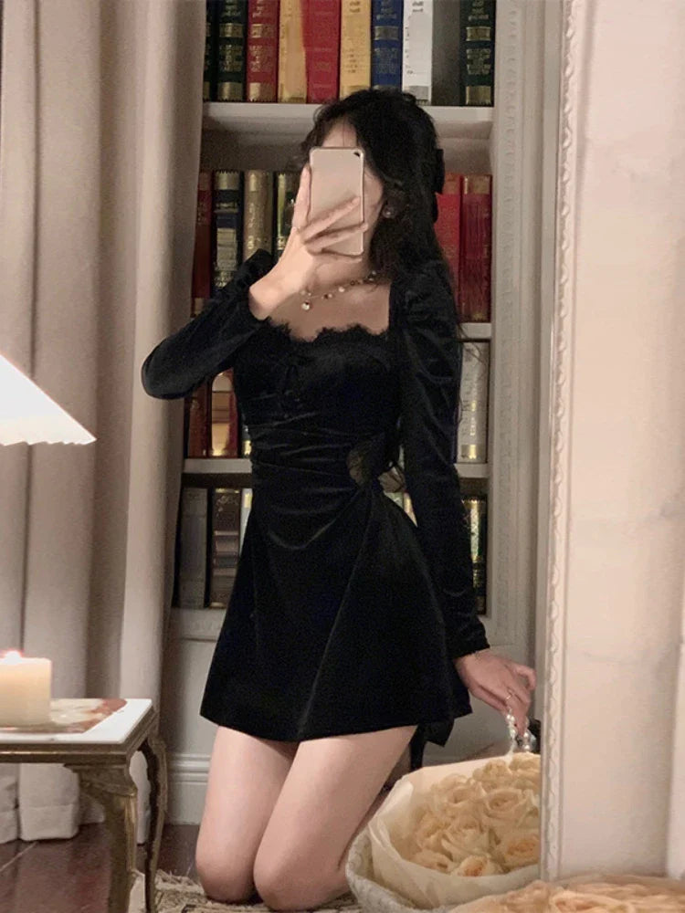 vmtvr Autumn Black Velvet Midi Dress Casual Korean Fashion Elegant Party Dress Woman Long Sleeve Vintage Lace Dress Slim Design