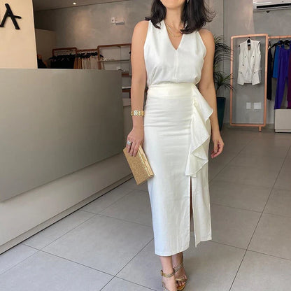 vmtvr Commuter Lady Elegant Solid 2pcs Suit Spring V-neck Tank Top and Ruffle Skirts Outfits Summer Sleeveless Slim Women Set Harajuku