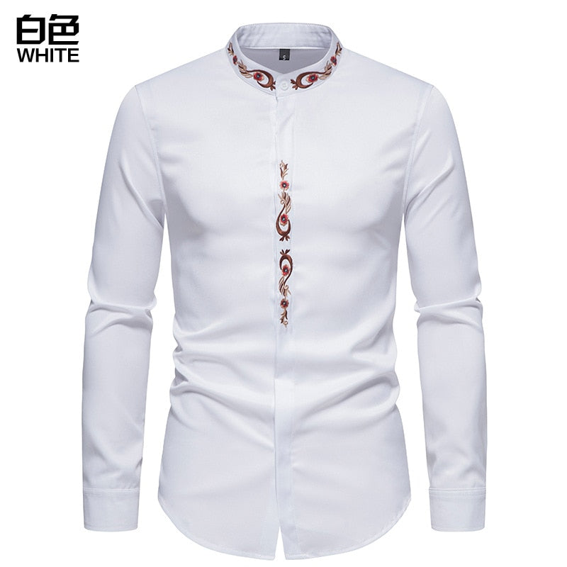 jiaabc Men Spring Autumn Shirt Social Henley Dress Shirt Fashion Long Sleeve Formal Embroidery Tops Clothing Casual camisa masculina