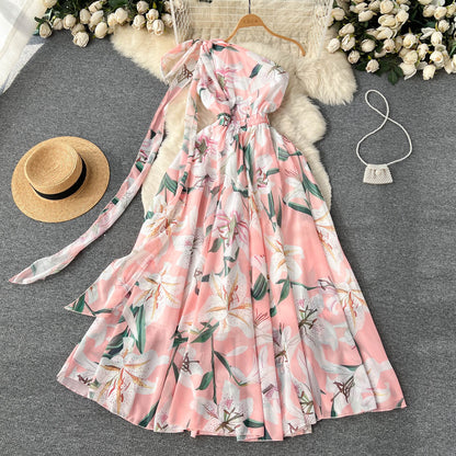 vmtvr Summer Oblique Chiffon Bohemian Maxi Dress Women's Bow Off One Shoulder Floral Print High Waist Holiday Beach Long Dress