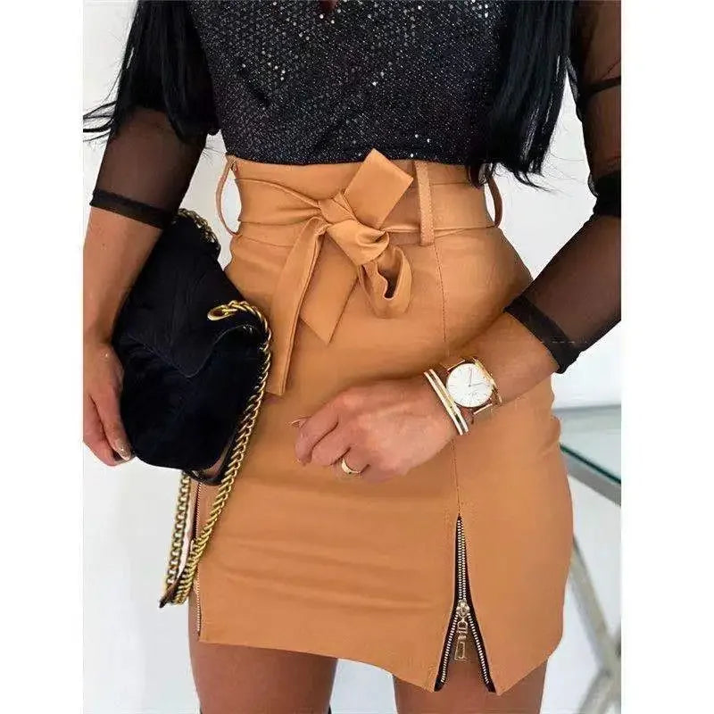 vmtvr 2024 New Sexy Women's PU Leather Skirt Spring Summer Front Split Pencil Midi Skirts Elegant High Waist Sheath Skirts