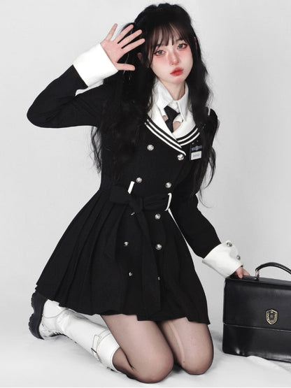 vmtvr Black Korean Style Elegant Dress Women Navy Collar Sweet Party Mini Dress Female Long Sleeve College Style One-piece Dress 2023