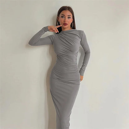 Autumn Elegant Ruched Long Bodycon Dress Fashion Outfits for Women Club Party Slinky Sexy Dresses Birthday Robes