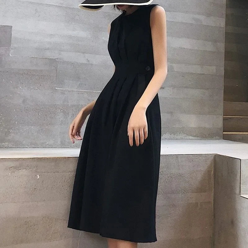 vmtvr Elegant Women Black Dress Korean Fashion Female Waist Midi Dress Hepburn Style Button A Line Sleeveless Dresses Summer New