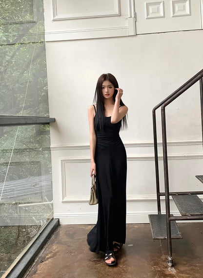 vmtvr Spaghetti Strap Elegant Bodycon Midi Black Long Dress Women Sleeveless Vintage Slim Fashion Summer Robe Female Party Vestidos