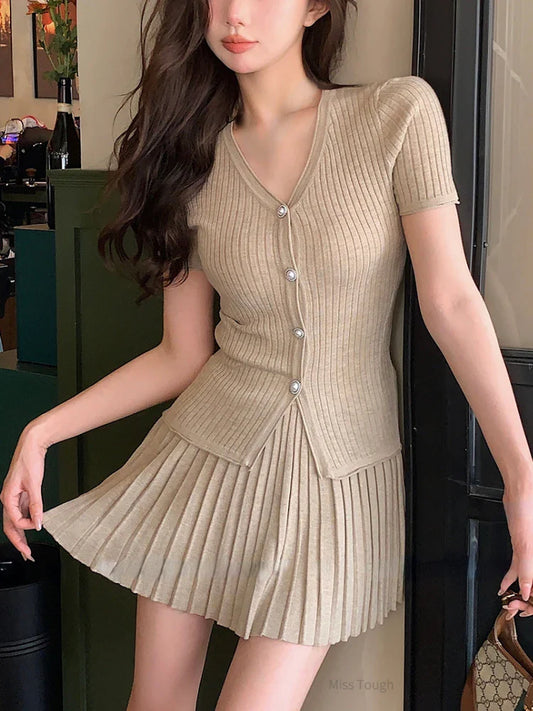 vmtvr Summer Korean Fashion Retro Two Piece Set Women Elegant Party Mini Skirt Set Female Bodycon Casual Tops+Pleated Skirt Suit