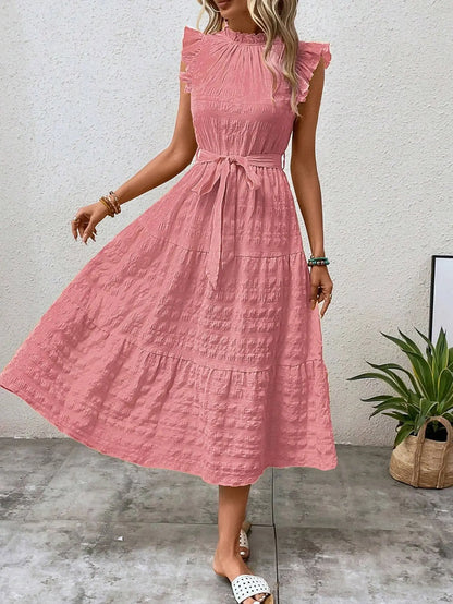 vmtvr  -  Ladies summer new fashion ruffled flying sleeves lace-up textured dress Office Lady dress