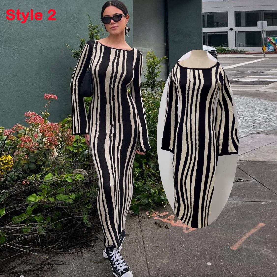 vmtvr - Autumn Knitted Maxi Dress Flare Long Sleeve Bodycon Dress for Women Elegant Sexy Cut Out Wave Christmas Party Evening Outfits