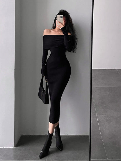 Slash Neck Tight Long Skinny Hip Long Sleeve Maxi Long Sweater Dress Red Korean Fashion Tops