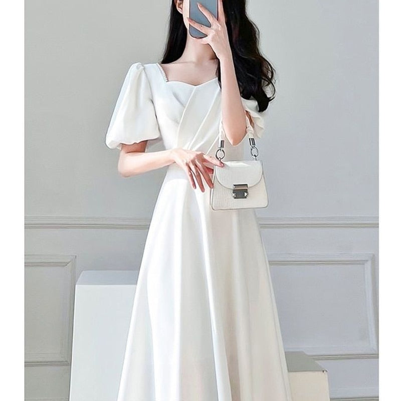 vmtvr - Elegant Chic Beads Square Collar White Party Dresses for Women Summer Ruffled Puff Short Sleeve Slim Fit Fairy Midi Dress Female