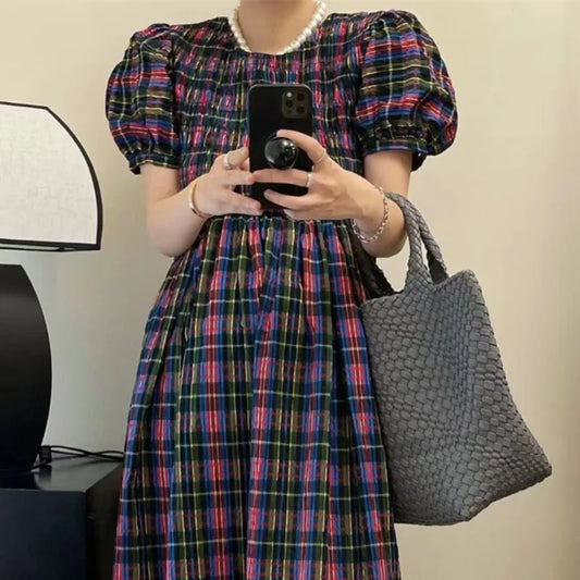 vmtvr  -  Vintage Plaid Color Contrast Long Dress Woman Elegant Round Neck Puff Sleeves High Waist Pleated Dresses Summer