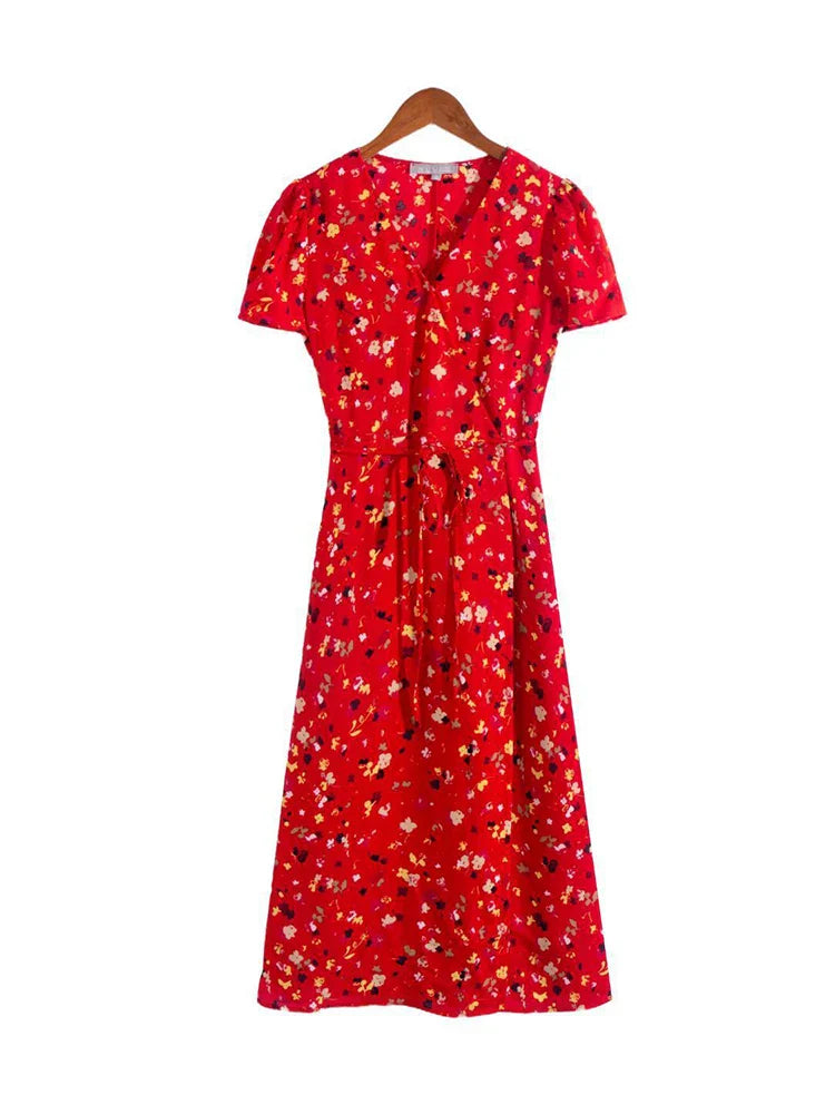 vmtvr Summer Floral Print Red Dress Women Holiday Beach Short Sleeve V-neck Wrap Midi Split Dresses