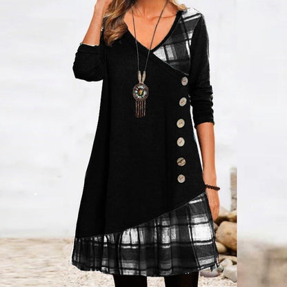 vmtvr - Fashion Long Sleeve V Neck Midi Dress Autumn Ladies Button Splicing Loose Dress New Vintage Geometric Puzzle Print A-line Dress