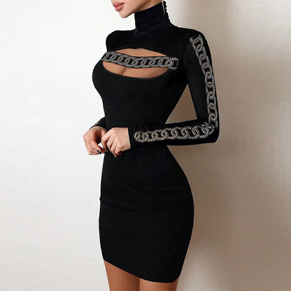 vmtvr Shiny Silk Turtleneck Bodycon Evening Dress Sexy Mesh Patchwork Long Sleeve A-line Dress Women Elegant Hollow Out Fashion Dress