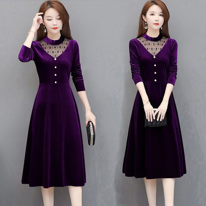 Women Autumn Winter Velvet A-Line Dress Office Lady Long Sleeve Party Lace Patchwork Midi Dresses Casual Elegant Vesitos Female