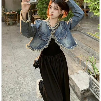 vmtvr  -  Women Cowboy Coat Burr Edge Tassels Short Spring Versatile High Waisted Tops Dress Suit Coats