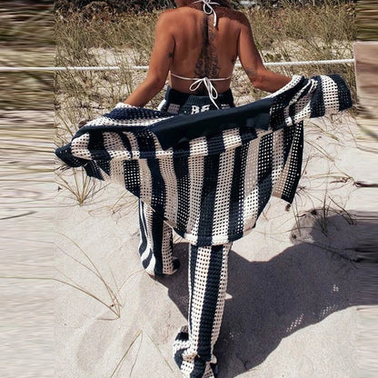 vmtvr Fashion V Neck Button 3/4 Sleeve Shirt+ Long Pants Sets Casual Striped Printed Knitted Beach Suit Summer Women's Loose Outfits