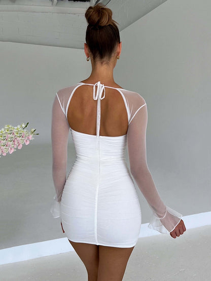 vmtvr - Elegant Backless Sexy Mini Dress For Women Robe Two Layer Mesh Full Sleeve Zipper Bodycon Party Short Dress Vestido