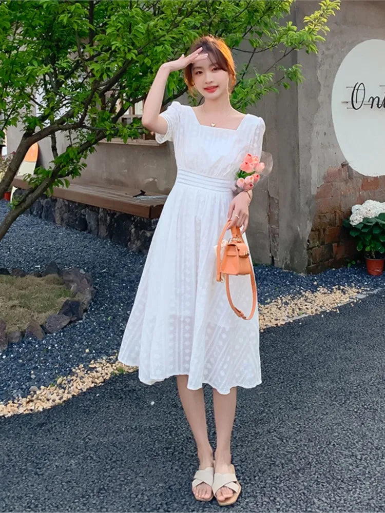 vmtvr French White Women Summer Vintage New Elegant Dresses Square Collar Slim Fairy Long Dress Office Lady Robe 2024 Female Clothing