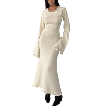 vmtvr - chic and elegant Women's Long Sleeve Knitted Bodycon Dress Tie Backless Round Neck Solid Color Ruffle Trim Long Dress Beachwear