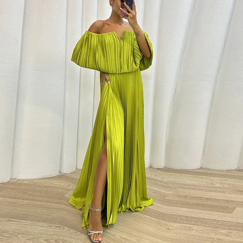 vmtvr Spring Strapless Folds Pleated Long Maxi Dress Women Off Shoulder High Waist Split Party Dress Summer Backless Hollow Boho Dress