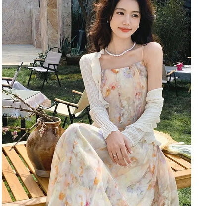 vmtvr Vintage Floral Two-piece Dress Women Chiffon Korean Elegant Long Strap Dress Female Summer Casual Beach Evening Party Dress