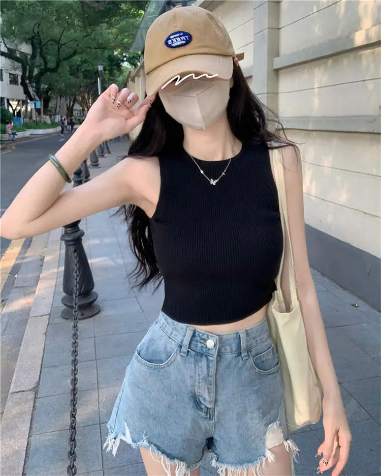 vmtvr Slim Navel Short Knit Vest Summer Slim Small Camisole Bottom Sleeveless Tops Women Sexy