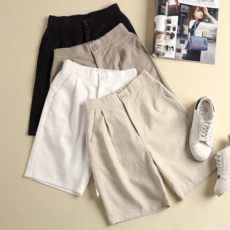 vmtvr Khaki Solid Casual Linen Cotton Elastic High Waist Wide Leg Button Loose Women's Shorts Korean Fashion Summer Shorts