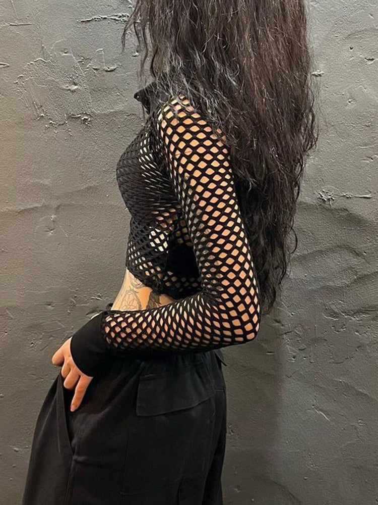 -Fall Outfits  Fashion Chic Black Fishnet Crop Top Cropped Women Blouse Hollow Out Cardigan Buttons Up Sexy Party Shirt Thin Outfits