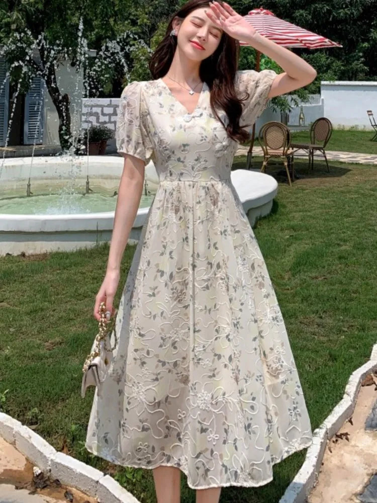 vmtvr Summer New Chinese Style Midi Dresses for Women Floral Printed V-neck Puff Sleeve A-line Casual Elegant Dress One Piece Vestido