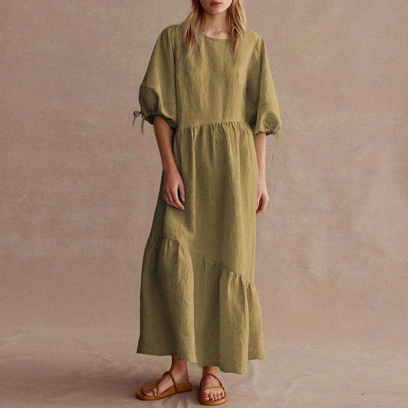 vmtvr Newly French Vintage Elegant Cotton Linen Lantern Sleeve Women Dresses 2023 Summer Casual Solid Tie Loose Maxi Female Dress