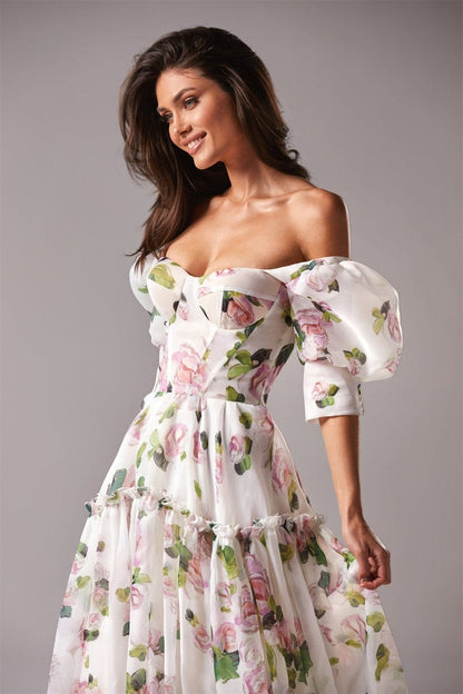 vmtvr - Amanda Puffy Sleeve Vestido De Novia Flower Printing Prom Gown Corset A-line Prom Dress Princess Off Shoulder