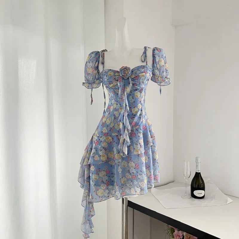 vmtvr Summer Floral Y2k Mini Dress Holiday Beach Irregular Chiffon Dress Casual Korean Fashion Short Party Dress Elegant Clothing