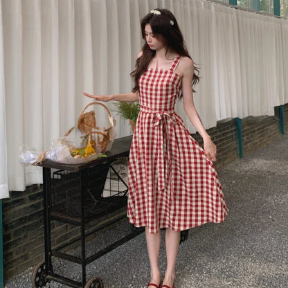 vmtvr Sweet Plaid Dress for Women Summer Fashion Elegant Chic Strap Mini Dress Female Birthday Even Party Korean Style Dress Slim