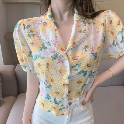 Blouse Women Summer  New French Style Short Sleeve High Waist V-Neck Blusas Womens Tops And Blouses