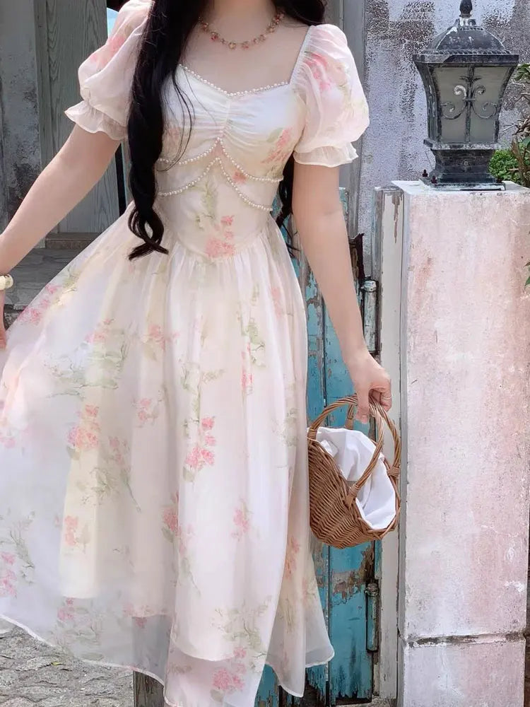 Summer Vintage Floral Print Dress Women Casual Square Collar Midi Dress Female Puff Sleeve Korea Elegant Fairy Dress Vestido NEW