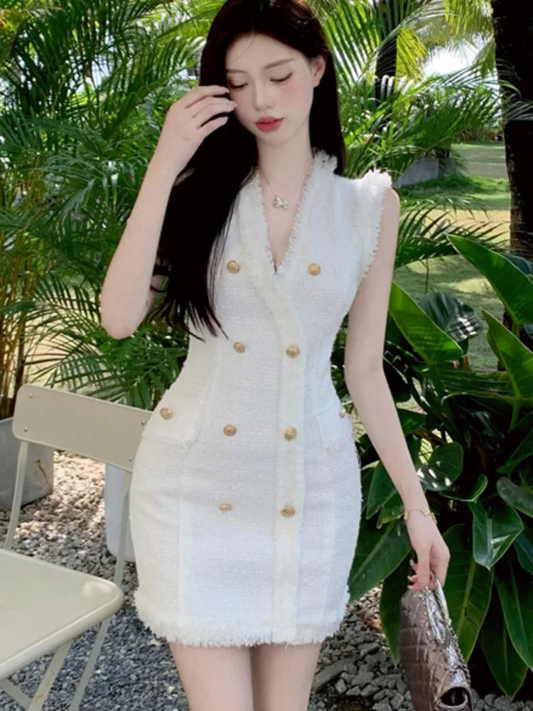 vmtvr  -  High Quality Korean Fashion Casual Small Fragrance Tweed Dresses Women French Vintage Woolen Summer Dress Elegant Party Vestidos