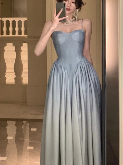 vmtvr French Vintage Spaghetti Strap Elegant Dresses for Women Summer New Gradient A-line Evening Party Dress Prom Robe Vestidos Mujer