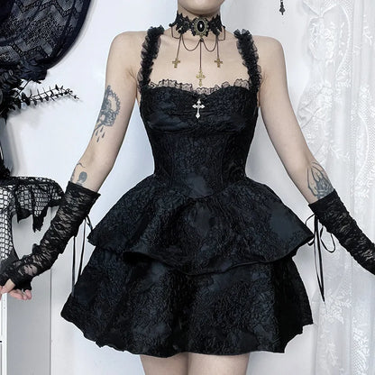 vmtvr  -  Gothic Jacquard Double Cake Suspender Dress Women Vintage Lace Trim Backless A Line Mini Dress Sexy Club Cami Dress