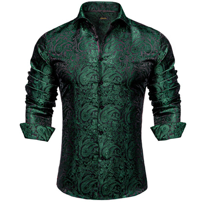 Men's Long Sleeve Black Paisley Silk Dress Shirts Casual Tuxedo Social Shirt Luxury Designer Men Clothing